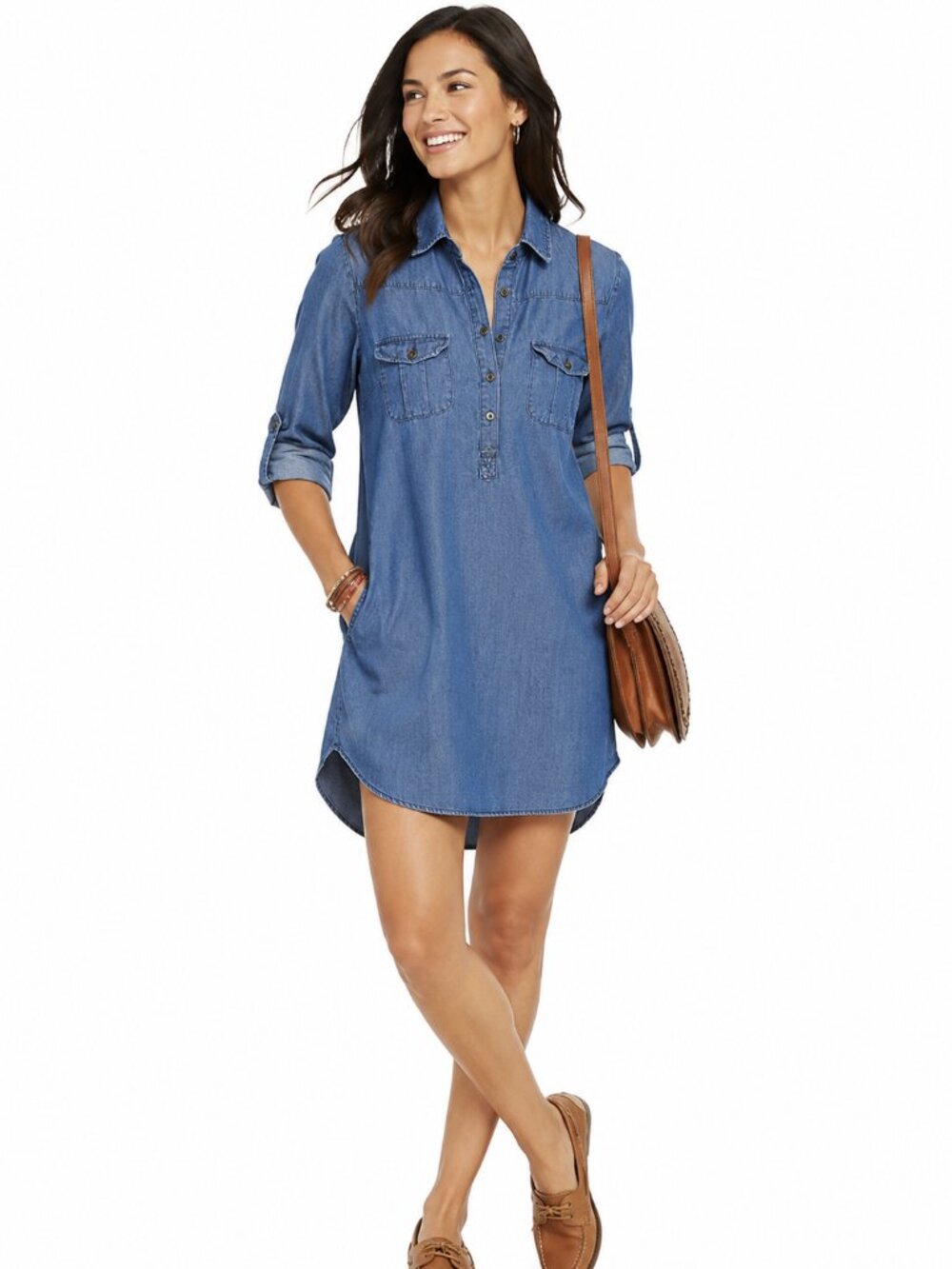Marisol 100% Cotton Chambray Denim Shirt Dress Size S Roll Tab Sleeve Blue